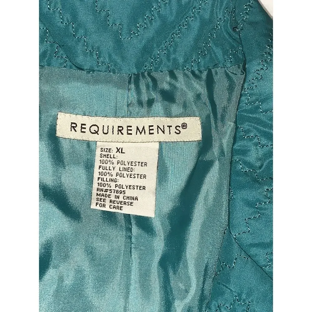 XL Requirements Green Quilted Lined Jacket Blazer Brass Snaps Faux Pockets EUC